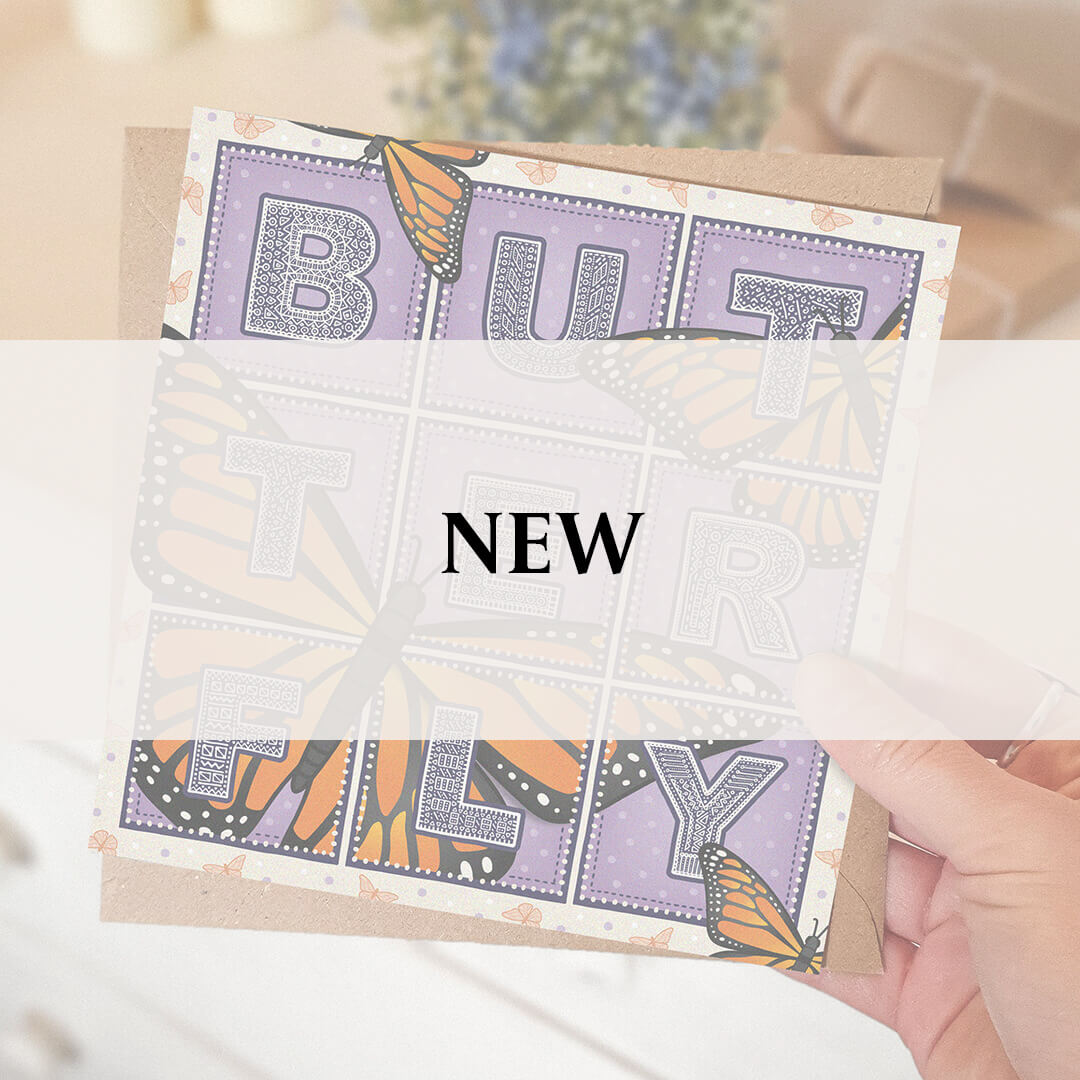 purple butterfly greeting card with 'NEW' text overlay