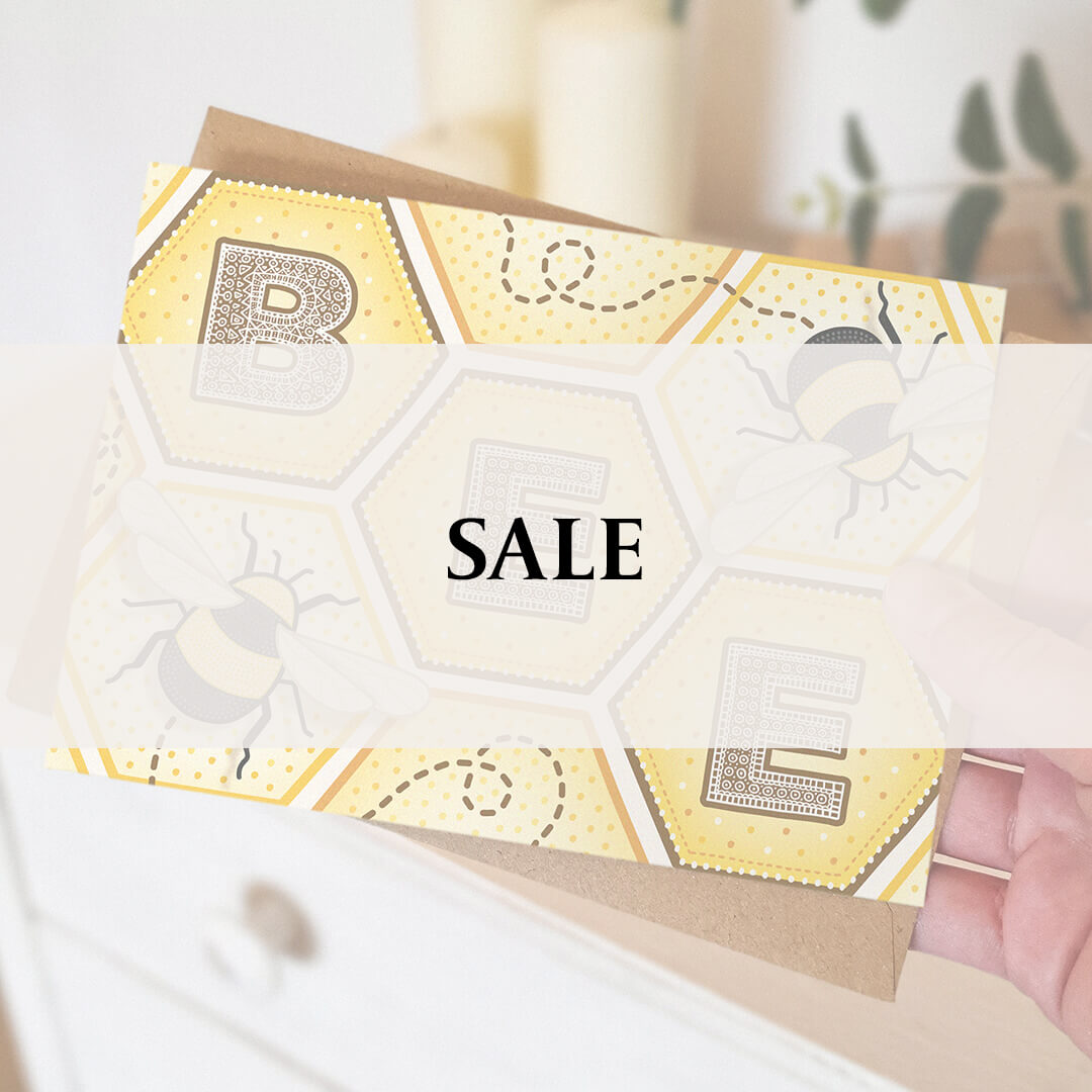 yellow bee greeting card with 'SALE' text overlay