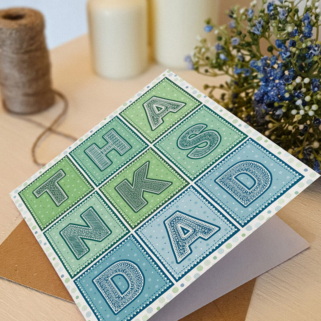 blue and green typographic father's day card with thanks dad message