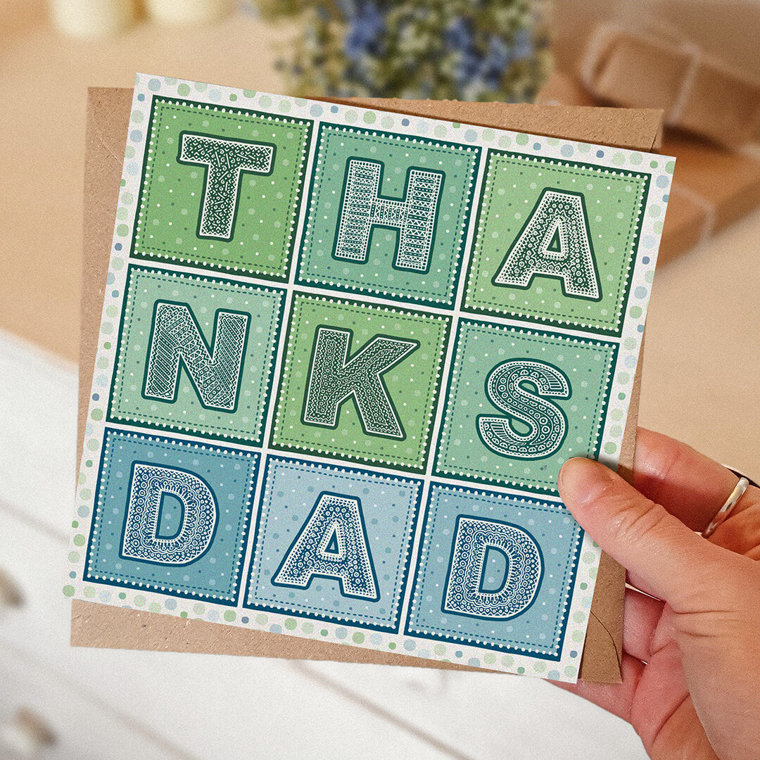 blue and green thanks dad fathers day card with recycled kraft brown envelope