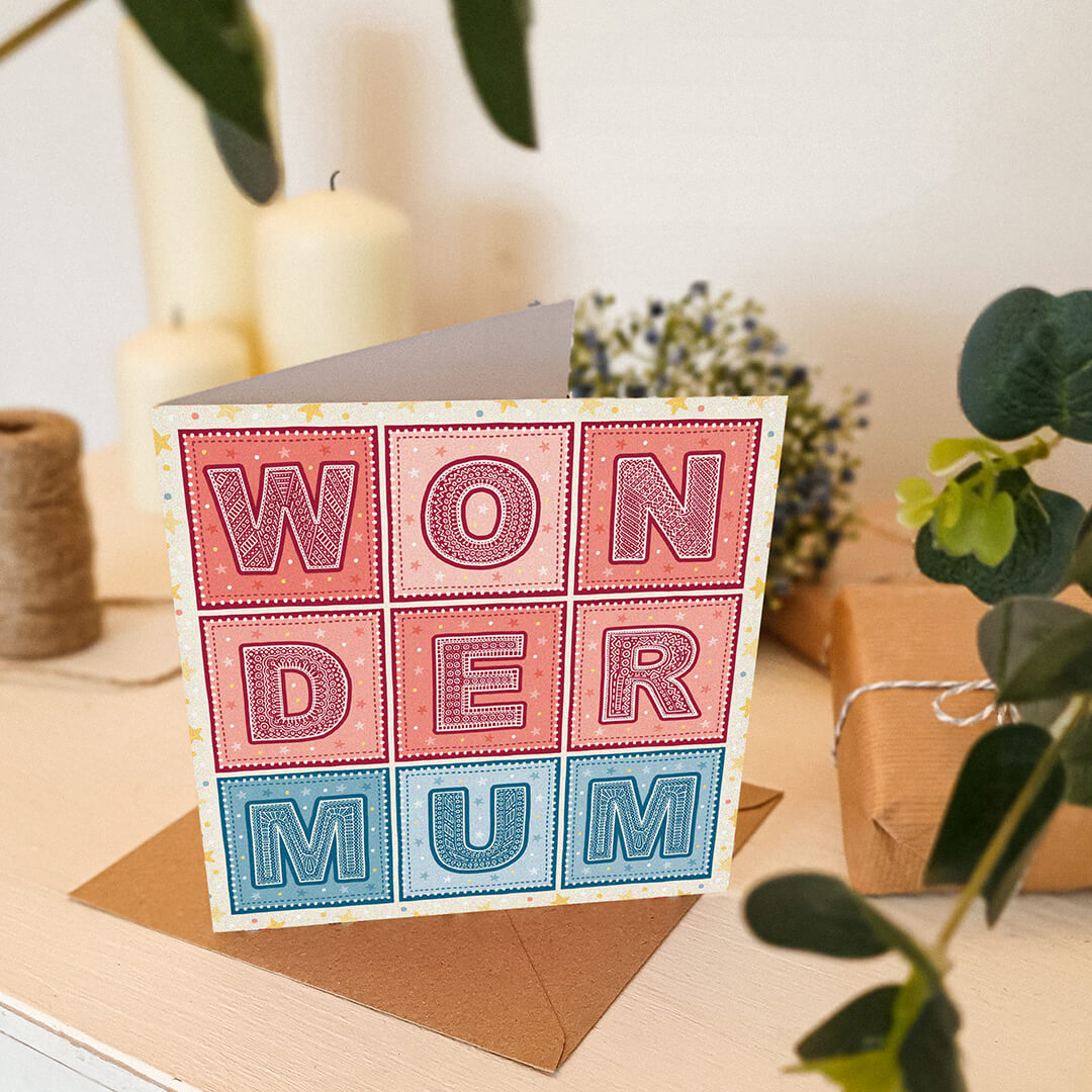 red and blue superhero mother's day card with wonder mum message