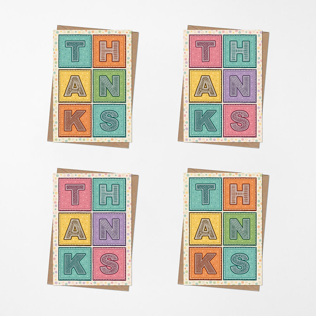 Bright and colourful thank you card multipack Pack of unique typographic thank you cards Printed on FSC-certified card with kraft brown recycled envelopes Blank inside
