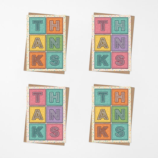 Bright and colourful thank you card multipack Pack of unique typographic thank you cards Printed on FSC-certified card with kraft brown recycled envelopes Blank inside