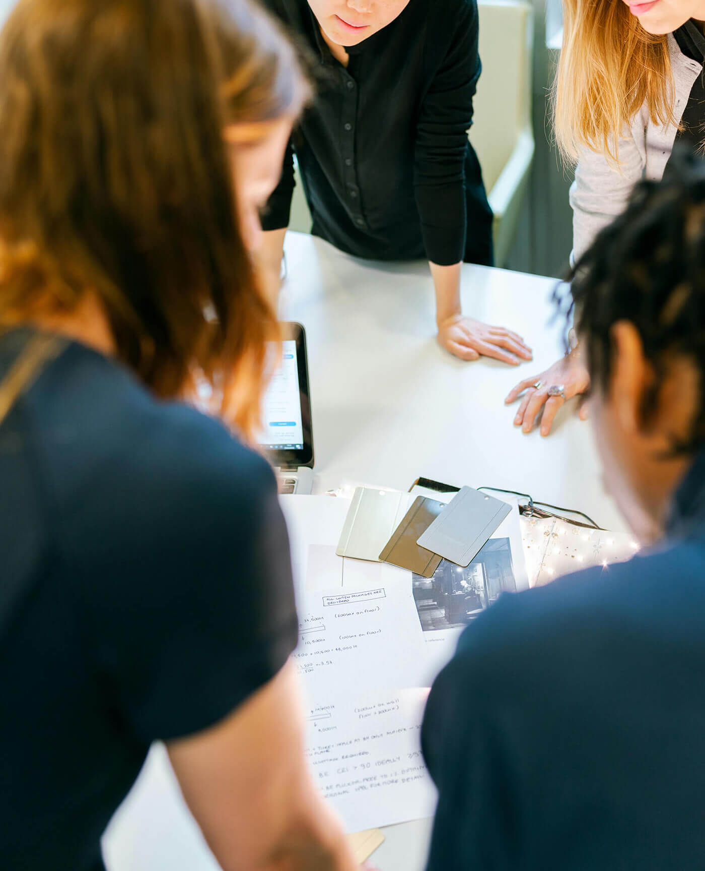team of creative people around a table discussing a design project