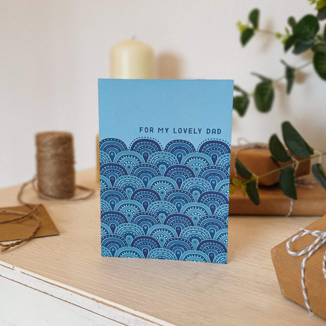 unique blue father's day card featuring geometric pattern to look like sea waves, and 'for my lovely dad' message