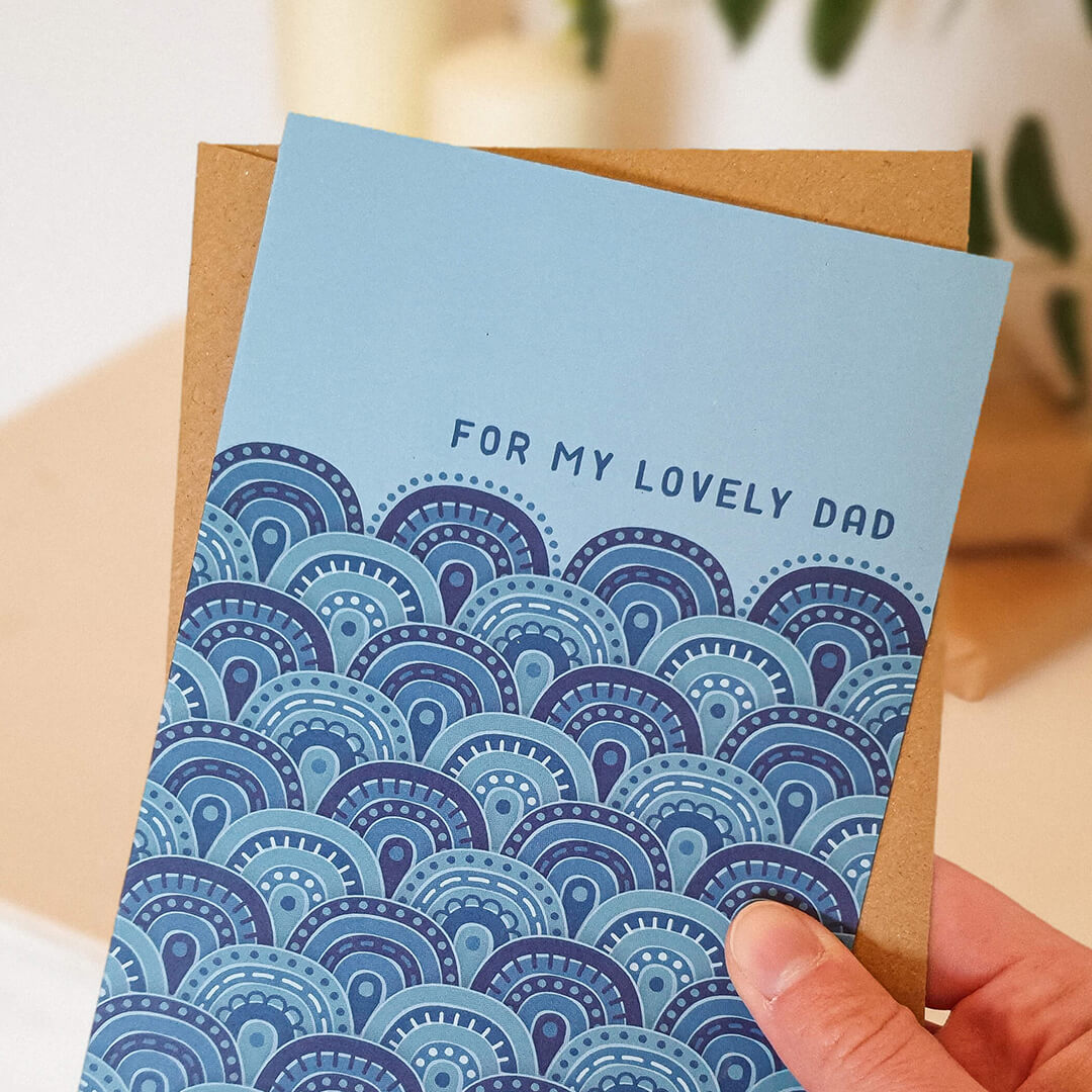 unique blue waves father's day card for seaside-loving dads supplied with recycled kraft brown envelope