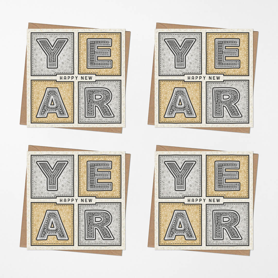 Four 'Happy New Year' greeting cards with typographic design on a white background