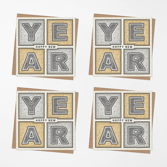 Four 'Happy New Year' greeting cards with typographic design on a white background