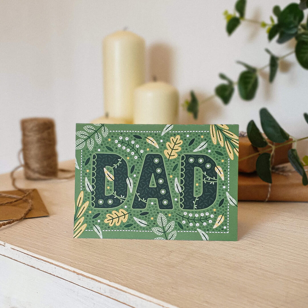 green nature-themed father's day card for nature and tree loving dads featuring green leaf and botanical illustrations