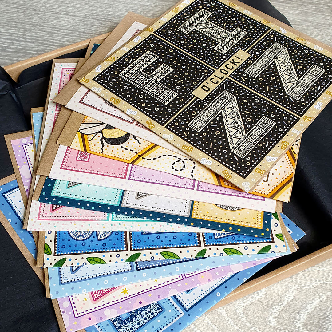 mystery box containing 10 unique typographic greeting cards from Jess A Little Creative