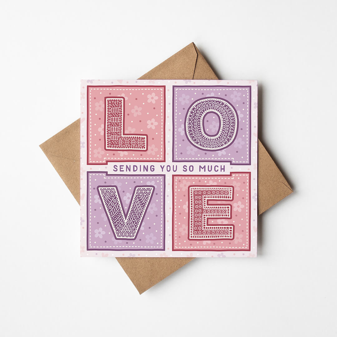 Pink and lilac thinking of you card Typographic pink thinking of you card Printed on fsc-certified card Blank inside