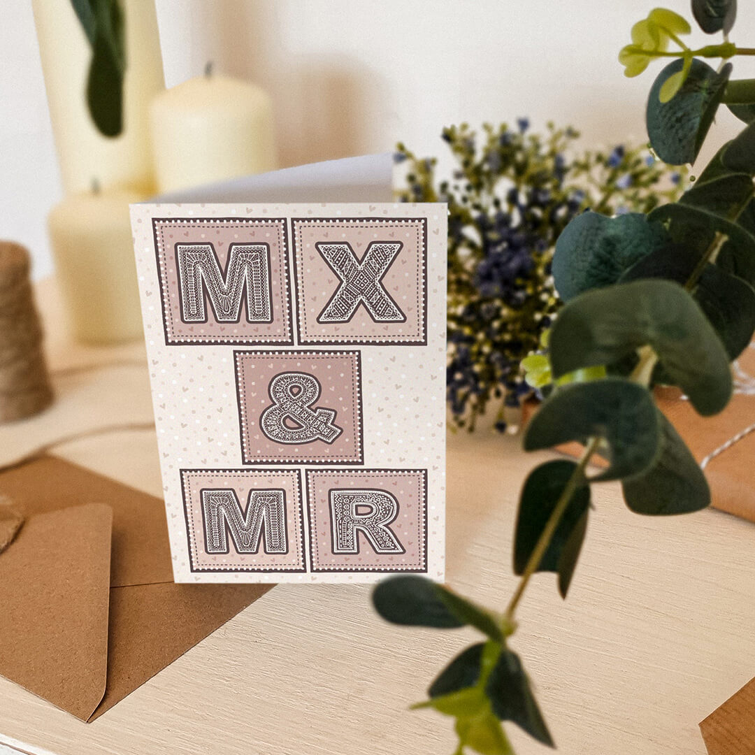 Pink and cream Mx & Mr gender neutral wedding card Unique typographic wedding card for male and non-binary couple Printed on FSC-certified card with a kraft brown recycled envelope Blank inside