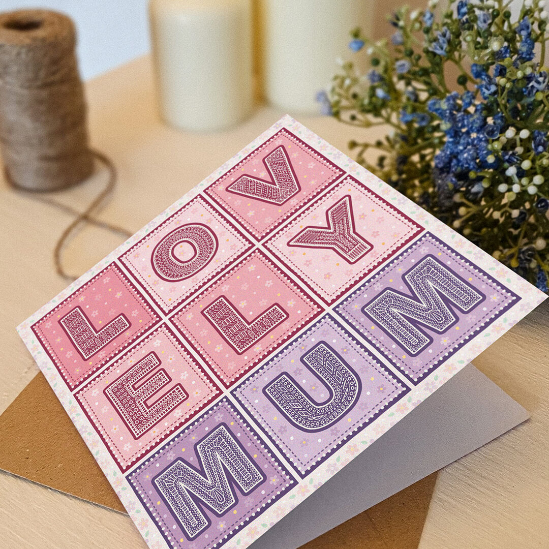 pink and lilac lovely mum typographic mother's day card with recycled kraft brown envelope