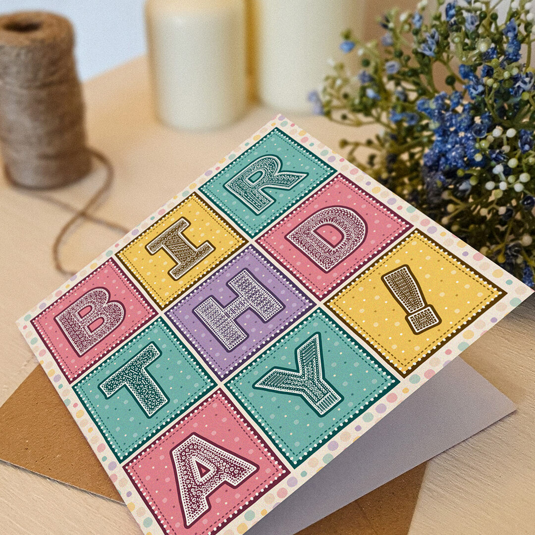 Unique and colourful birthday card for women Pink yellow and turquoise typographic birthday card Printed on FSC-certified card with kraft brown recycled envelope Blank inside