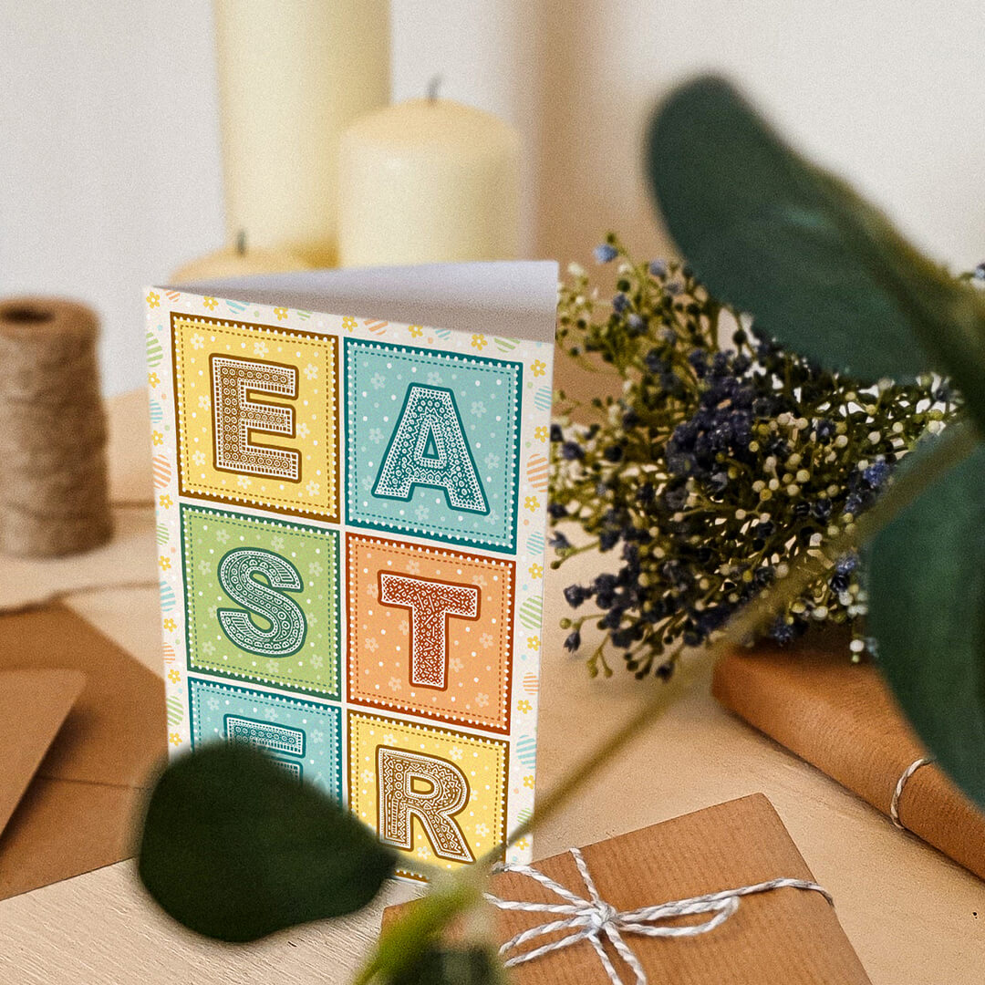 pretty spring easter card featuring typographic design. Supplied with recycled kraft brown envelope