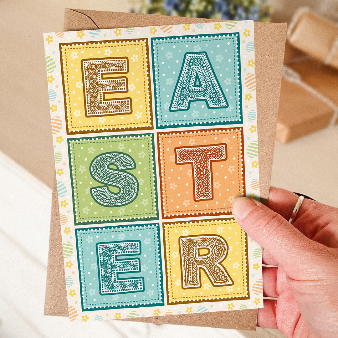 pretty pastel typographic easter card supplied with recycled kraft brown envelope