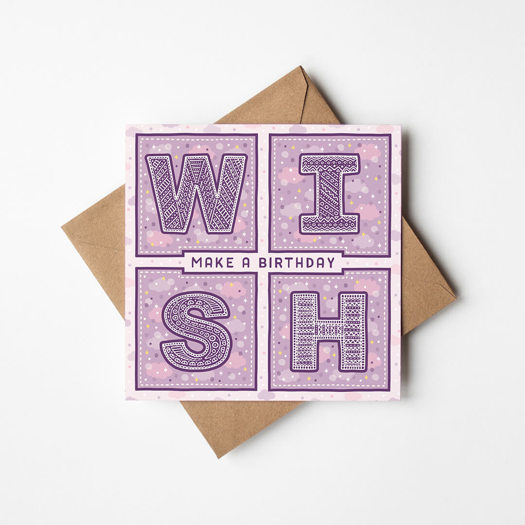 Purple birthday card with 'Make a Birthday Wish' text and a recycled brown envelope