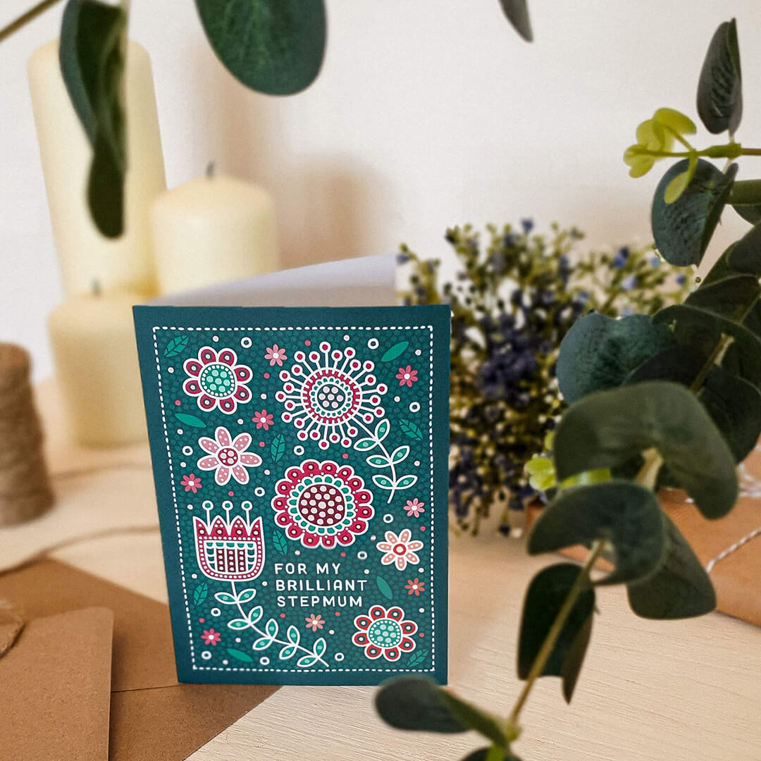 for my brilliant step mum mother's day card featuring red and green floral illustrations