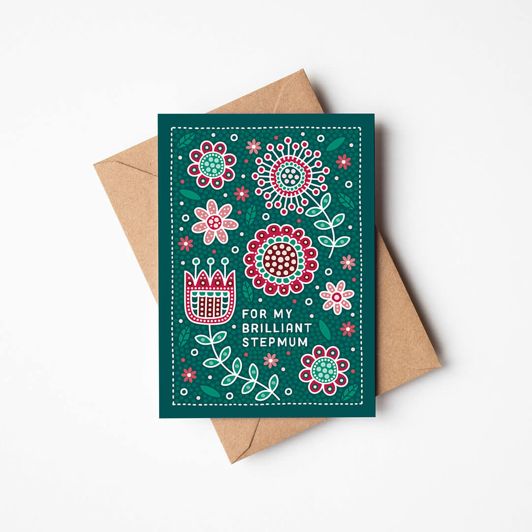 red and green floral step mum mother's day card with 'for my brilliant step mum' message