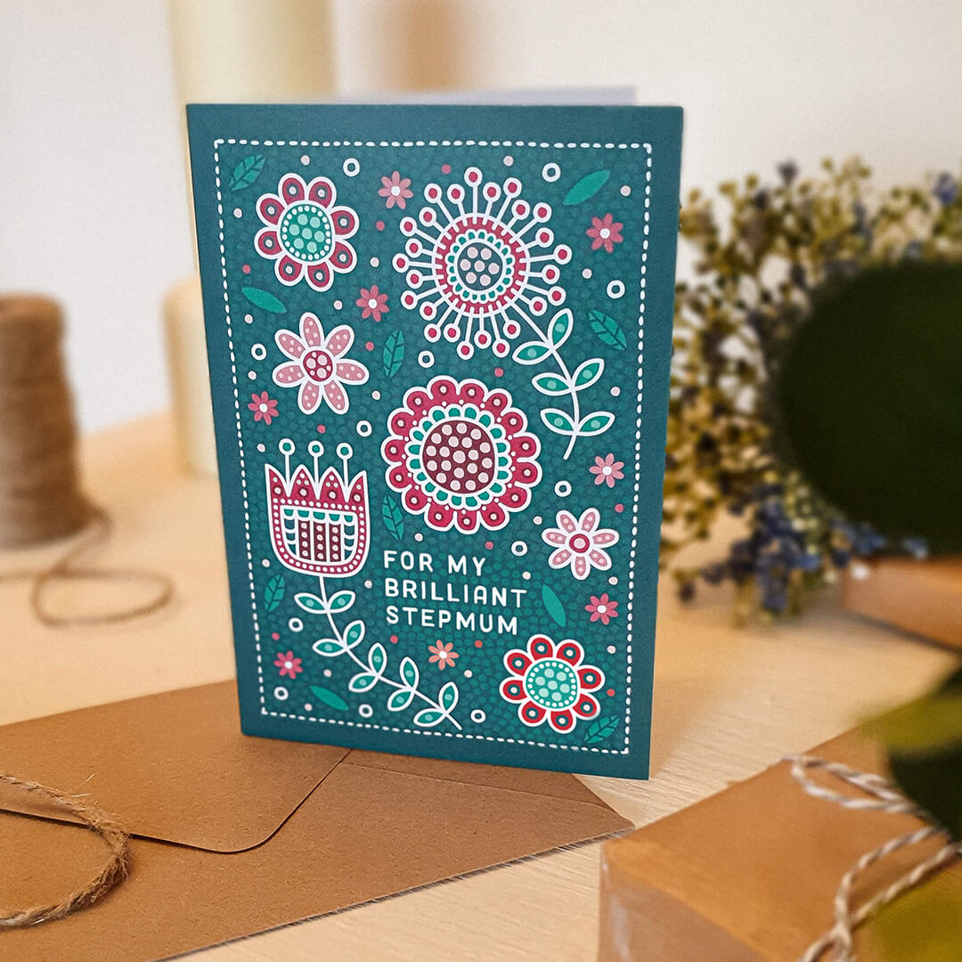 red and green floral mother's day card for step mum with 'for my brilliant step mum' message and floral illustrations