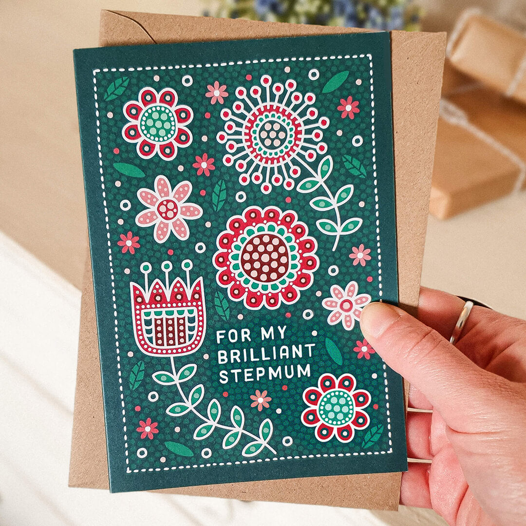 red and green folk-art floral step mum mother's day card with recycled kraft brown envelope