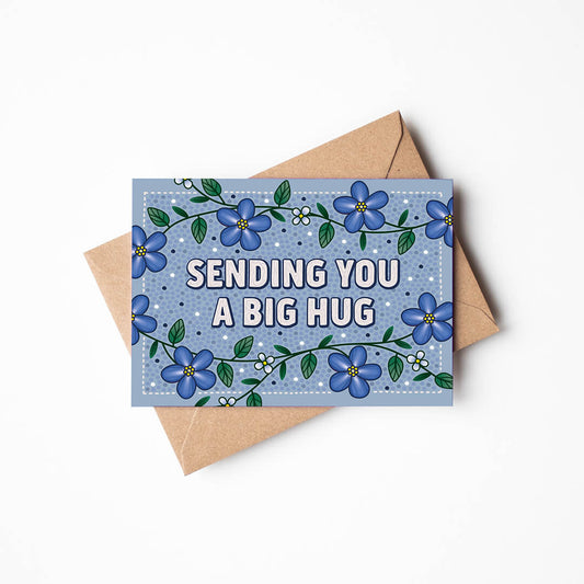 sending you a big hug blue floral thinking of you card unique thinking of you card for friends Printed on FSC-certified card and supplied with a recycled kraft brown envelope