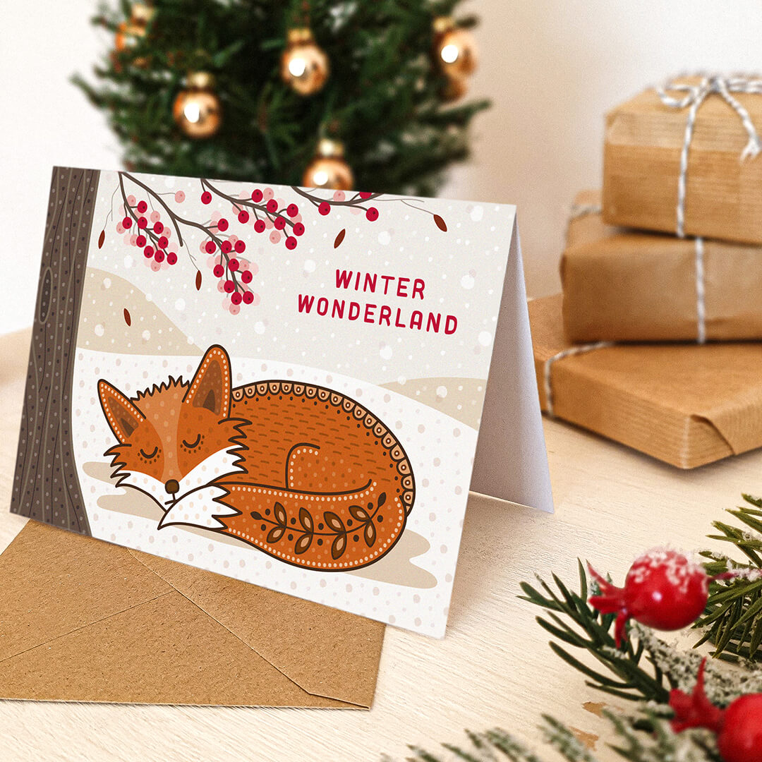 Snowy Winter Fox Christmas card featuring fox illustration and winter wonderland message Unique Christmas card Blank inside Recycled kraft brown envelope