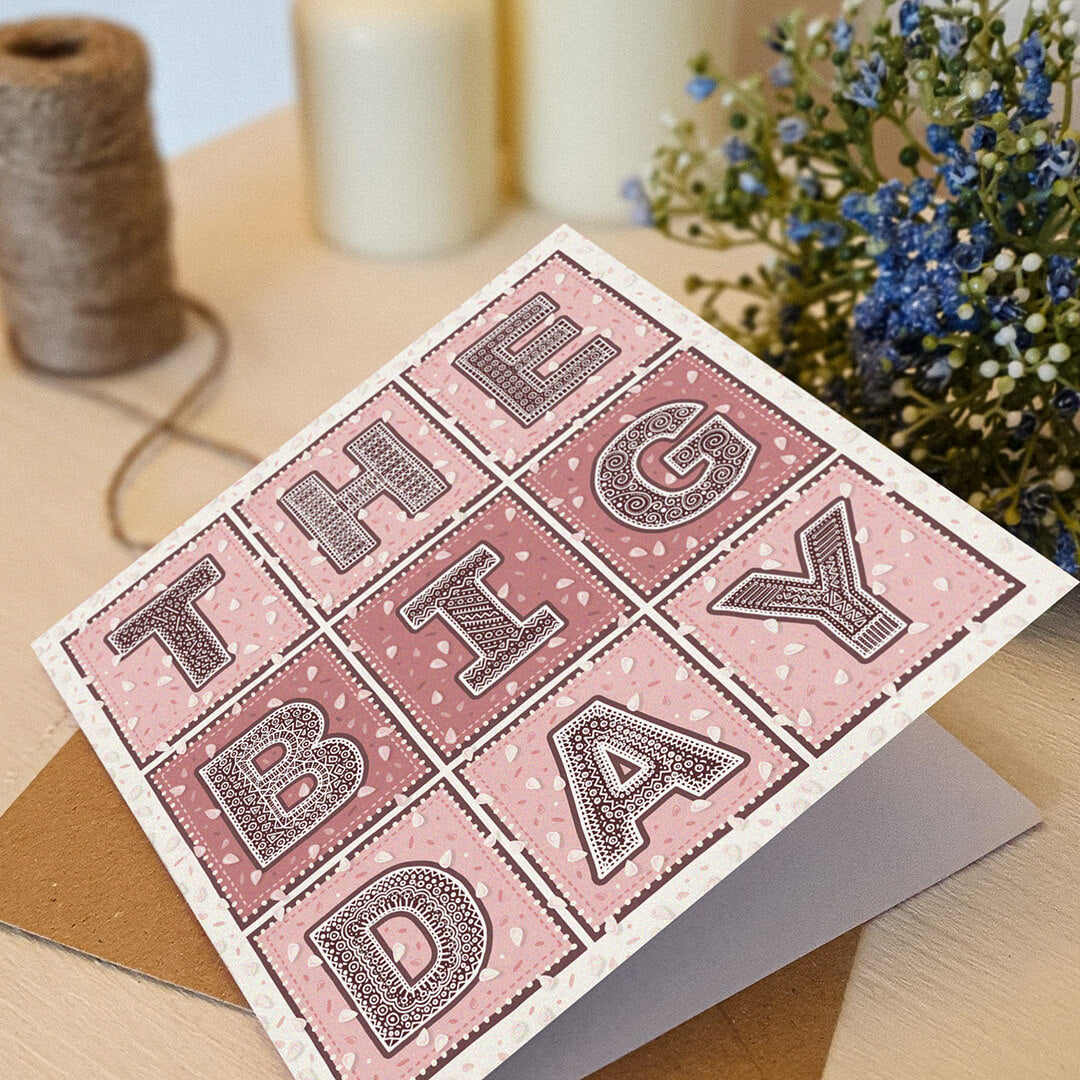 unique pink typographic wedding card Supplied with kraft brown recycled envelope Blank inside