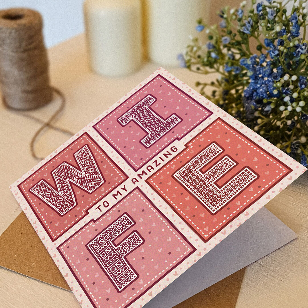 Unique valentines day card for wife Red and pink typographic wife valentines day card Printed on FSC-certified card with kraft brown recycled envelope Blank inside