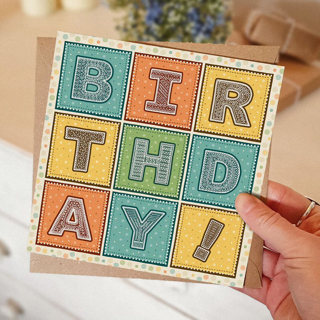 Unique typographic birthday card Turquoise orange and yellow fun birthday card for friends Printed on FSC-certified card with kraft brown recycled envelope Blank inside