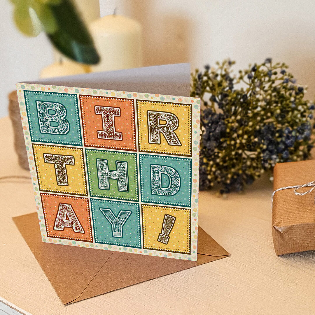 Turquoise orange and yellow typographic birthday card Part of the unique colourful typographic birthday card multipack Printed on FSC-certified card with kraft brown recycled envelopes Blank inside