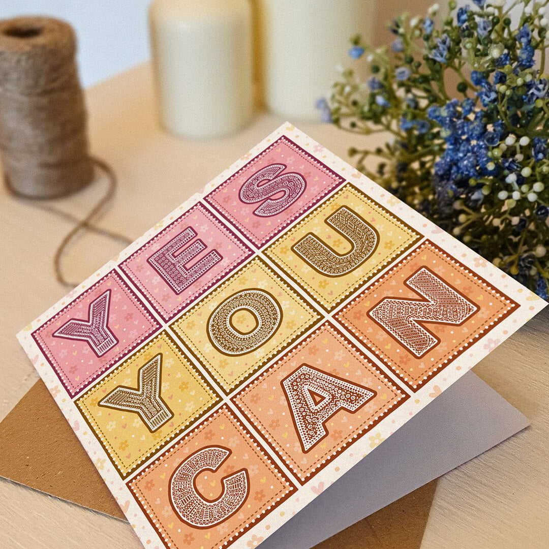positive and uplifting pink yellow and orange yes you can encouragement card for friend