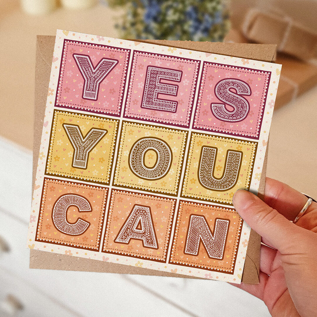 unique and colourful yes you can encouragement card for friend struggling with self-doubt. Supplied with recycled kraft brown envelope