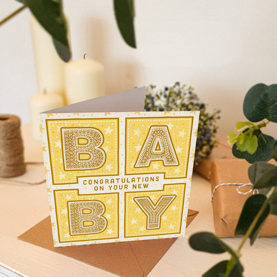 Yellow gender neutral new baby card Yellow unisex new baby card Supplied with kraft brown recycled envelope Blank inside