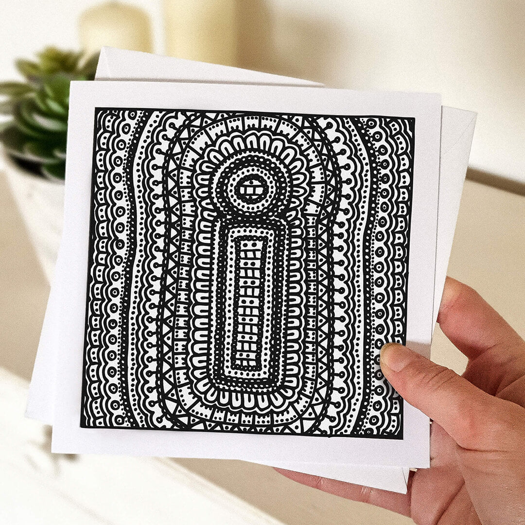 Hand holding letter I colouring in card Unique alphabet colouring in card Patterned typographic greeting card to colour in Blank inside