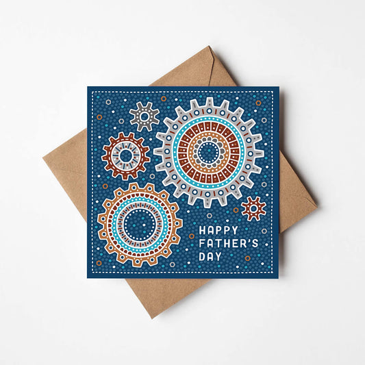 Blue mechanical Happy Father's Day card featuring unique cog illustrations
