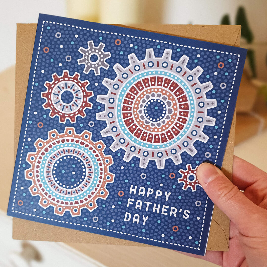 Mechanical Happy Father's Day card featuring unique cog illustrations on blue background perfect for mechanics and engineers