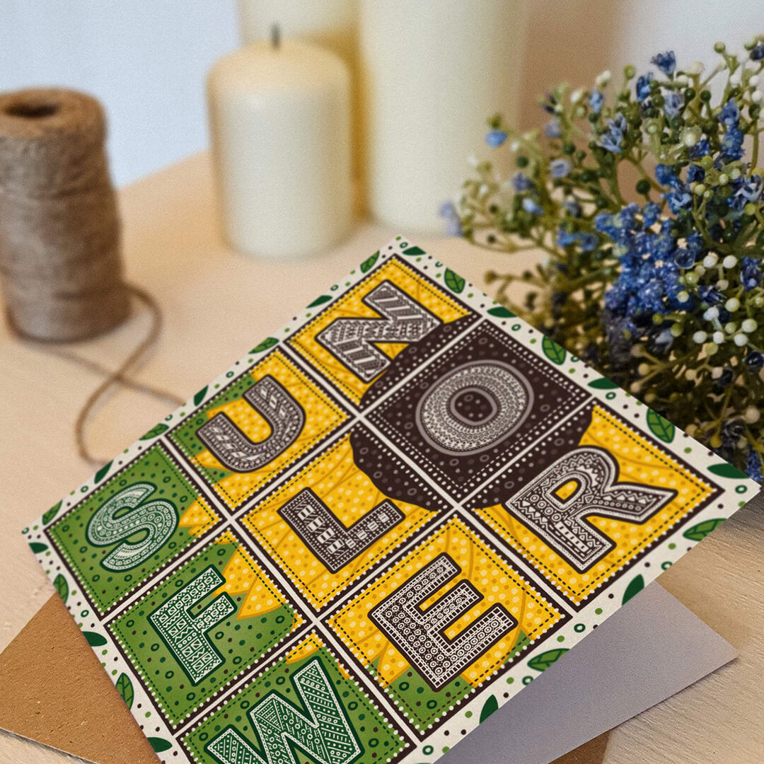 Green yellow sunflower card Unique floral green yellow card design Printed on recycled card Kraft brown recycled envelope