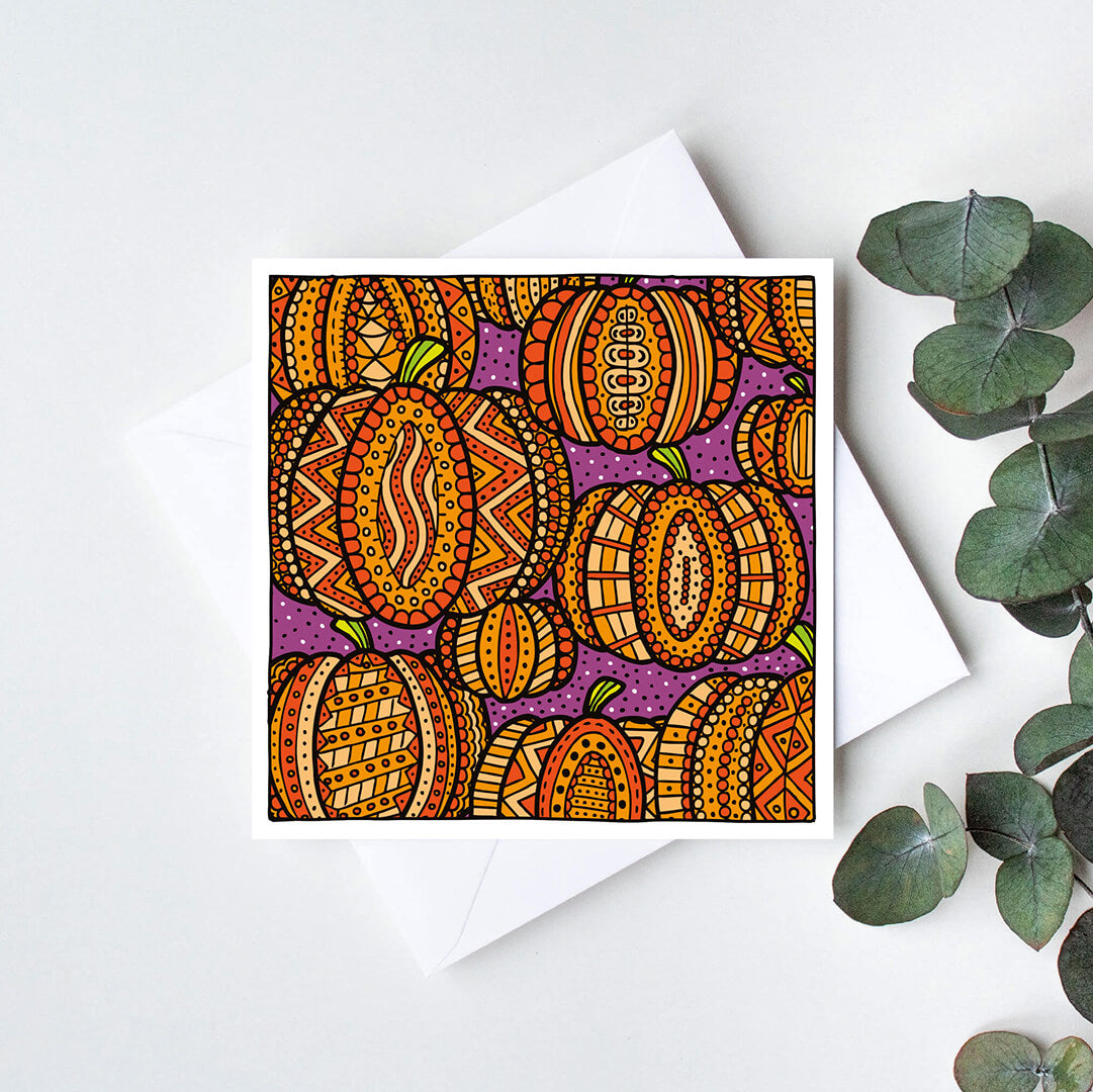 Orange Purple Pumpkin Illustration Halloween card Bright colourful illustrated halloween design Blank inside