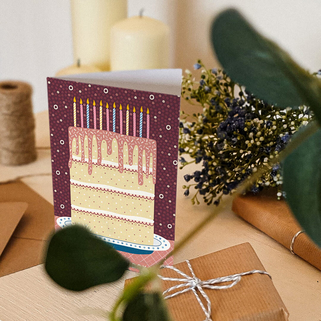 Unique illustrated birthday cake card Pink blue cream birthday card for friends who love baking Unique illustrated birthday card Printed on recycled card