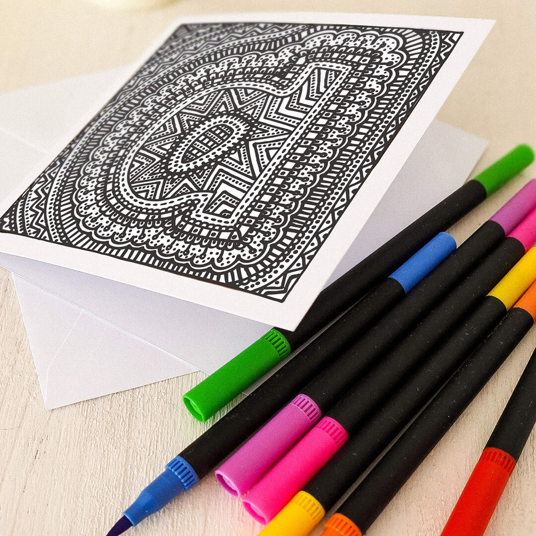 Letter D colouring in card with felt tip pens Unique alphabet colouring in card Black white typographic greeting card Blank inside