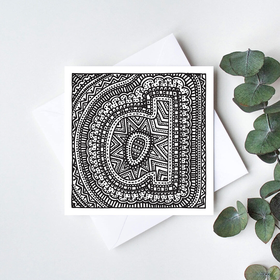 Black white letter D colouring in card Unique initial card Patterned typographic greeting card to colour in Blank inside