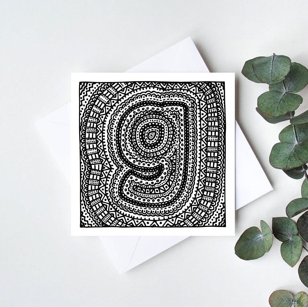 Black white letter G colouring in card Unique initial card Patterned typographic greeting card to colour in Blank inside