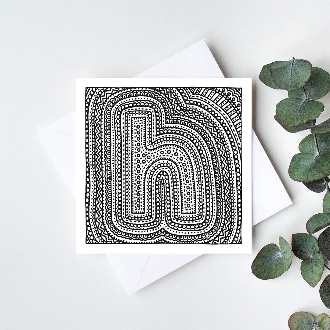 Black white letter H colouring in card Unique initial card Patterned typographic greeting card to colour in Blank inside