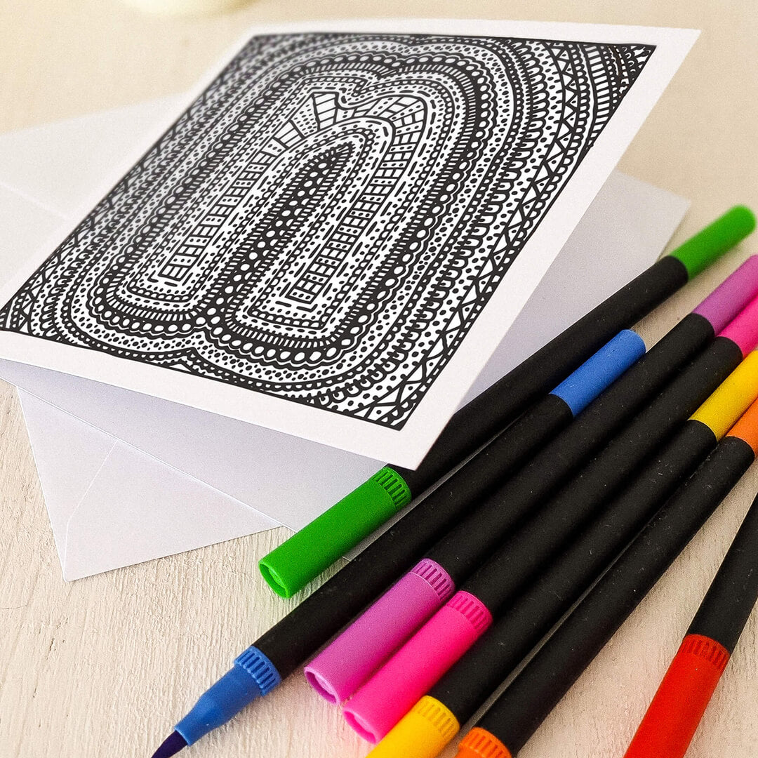 Letter N colouring in card with felt tip pens Unique alphabet colouring in card Black white typographic greeting card Blank inside