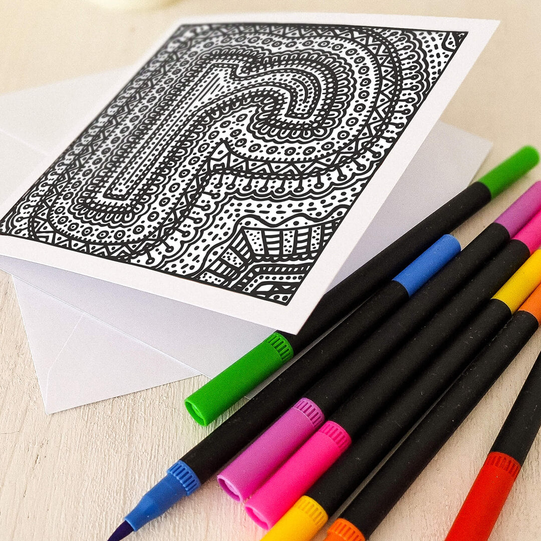 Letter R colouring in card with felt tip pens Unique alphabet colouring in card Black white typographic greeting card Blank inside