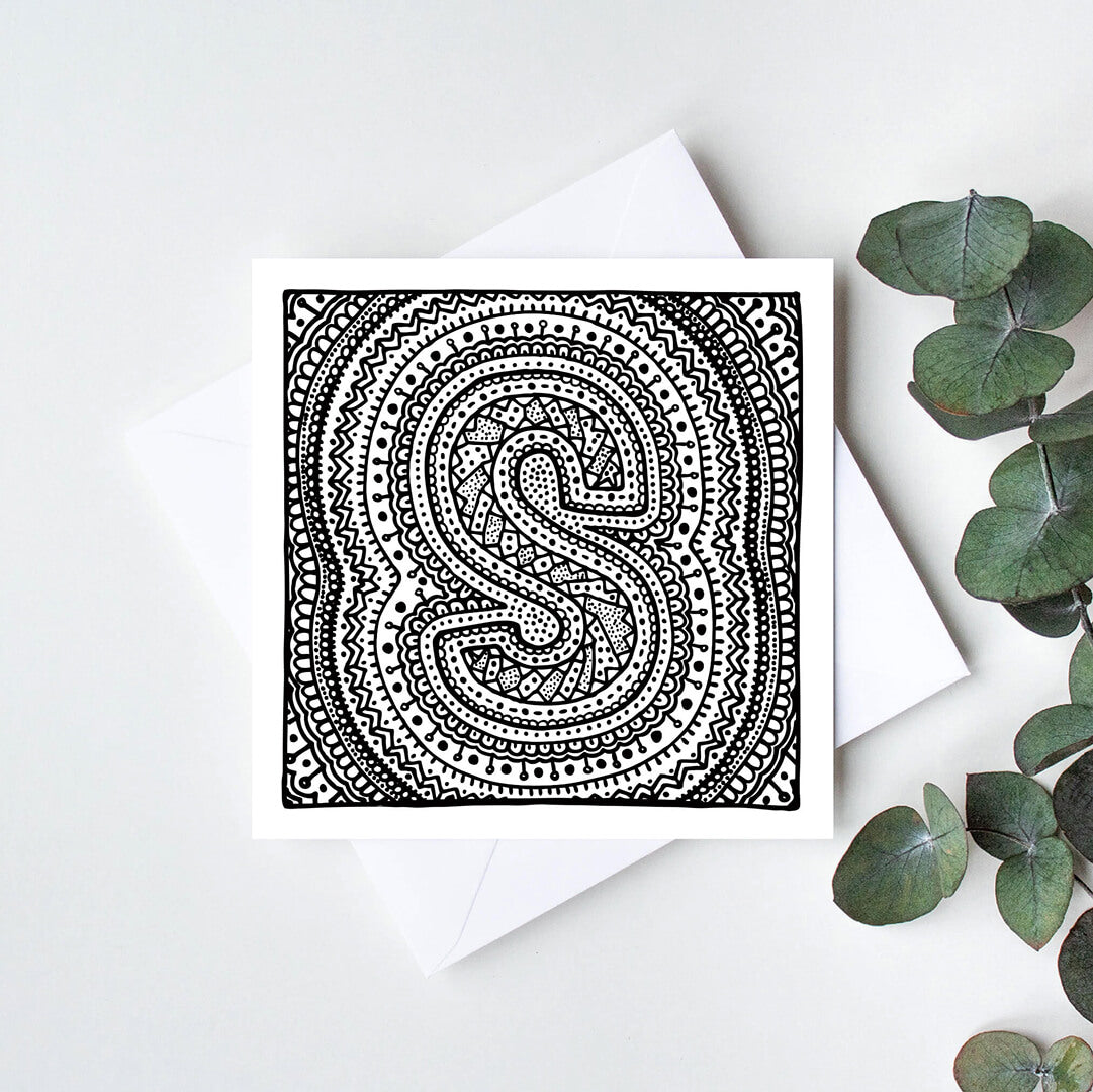 Black white letter S colouring in card Unique initial card Patterned typographic greeting card to colour in Blank inside