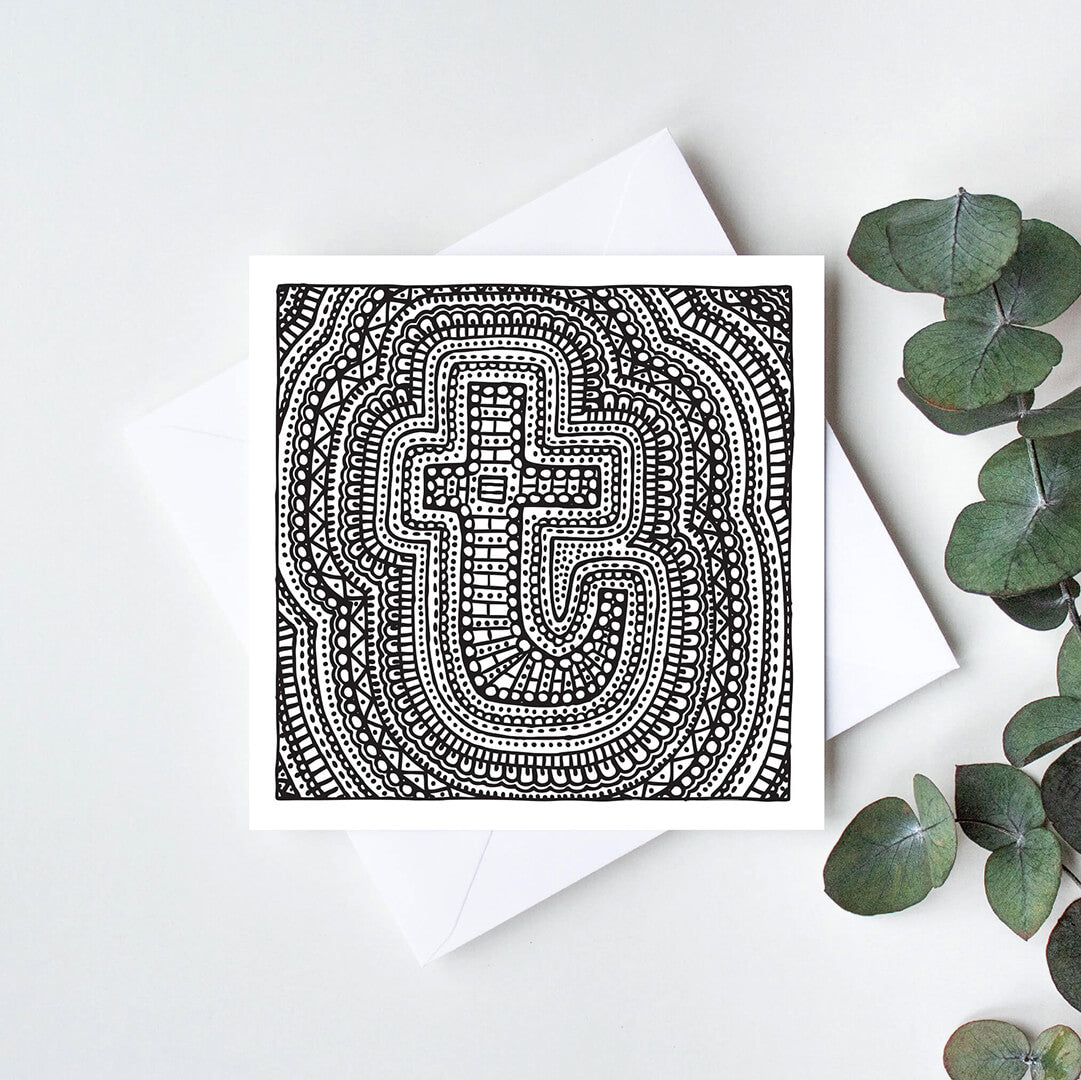 Black white letter T colouring in card Unique initial card Patterned typographic greeting card to colour in Blank inside