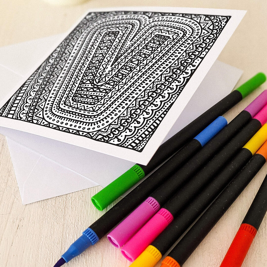 Letter V colouring in card with felt tip pens Unique alphabet colouring in card Black white typographic greeting card Blank inside