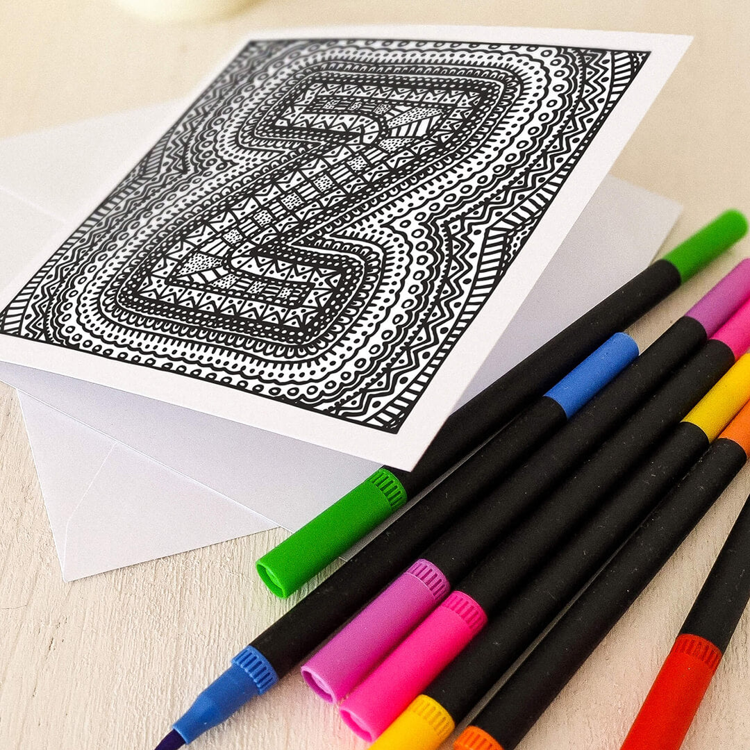 Letter Z colouring in card with felt tip pens Unique alphabet colouring in card Black white typographic greeting card Blank inside